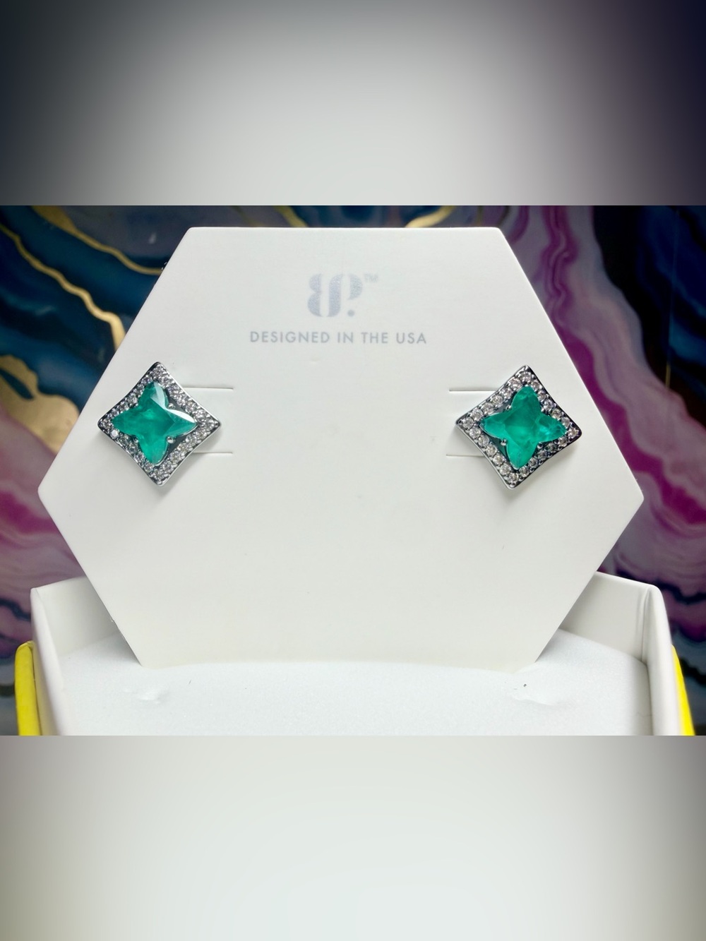 Bomb Party OG Emerald Clover Earrings- “Princess Studs” on Hematite ER62352